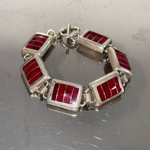 Sterling Silver 925 Mexico Red Stone Inlay Link Bracelet